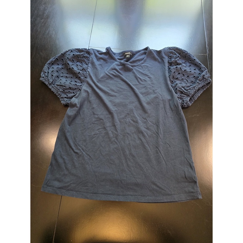 Express Blue Eyelet Puff‎ Sleeve Top Size S Short Sleeve Knit Cotton Stretch Tee